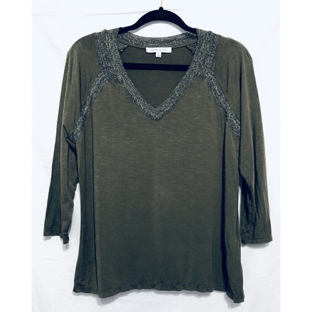 Rose + Olive Womens Small 3/4 Sleeve Shirt V Neck Stretch Blouse